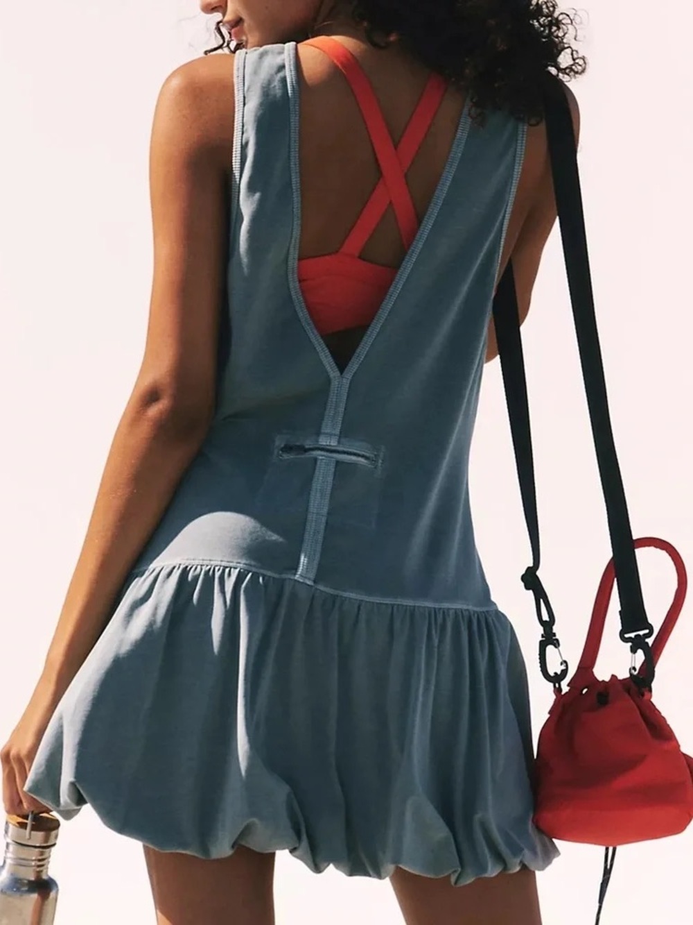 Sleeveless Blue Cotton Ruffle Mini Dress with Deep V Back